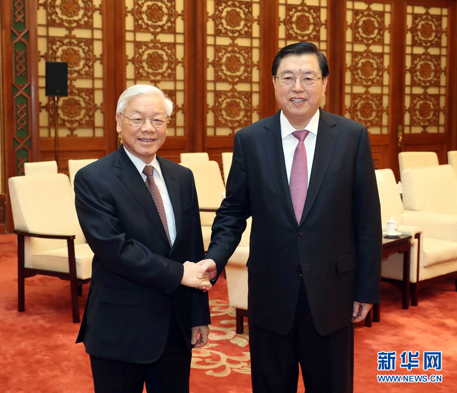 1月13日，中共中央政治局常委、全國人大常委會委員長張德江在北京人民大會堂會見越共中央總書記阮富仲。 新華社記者 劉衛(wèi)兵 攝
