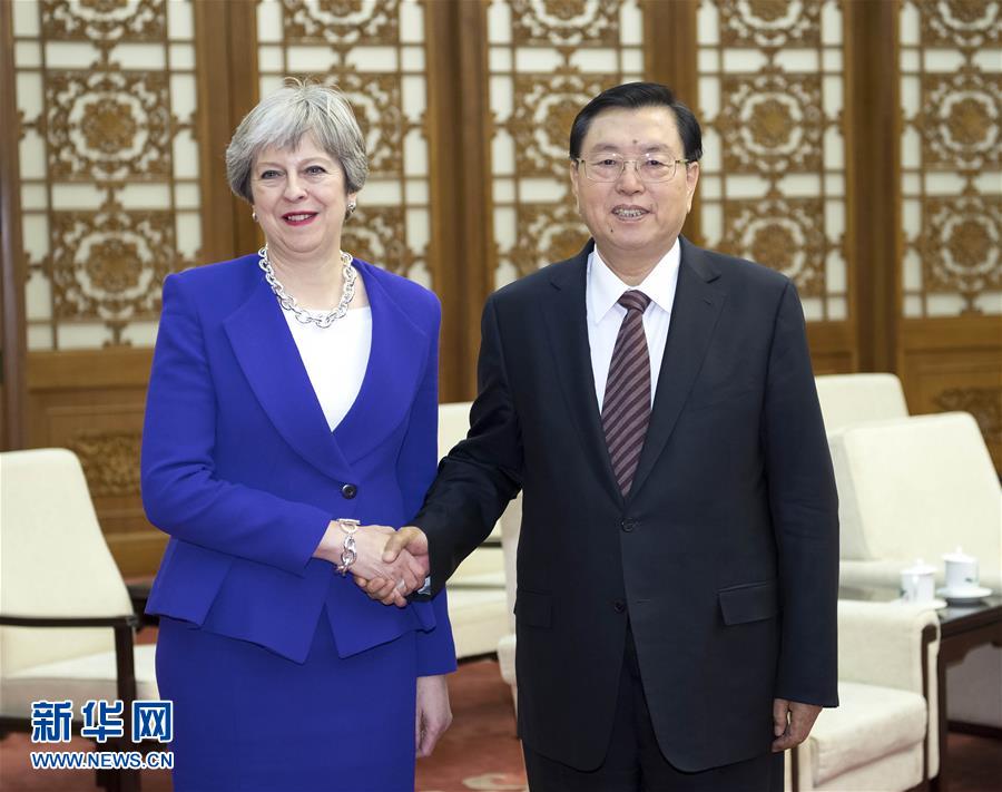 2月1日，全國人大常委會委員長張德江在北京人民大會堂會見英國首相特雷莎·梅。新華社記者 李濤 攝