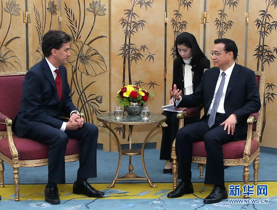 6月18日，國務院總理李克強在倫敦會見英國工黨領袖埃德·米利班德。新華社記者 龐興雷 攝