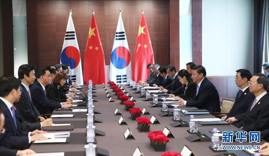 7月4日，國家主席習(xí)近平在首爾會(huì)見韓國總理鄭烘原。 新華社記者謝環(huán)馳攝 