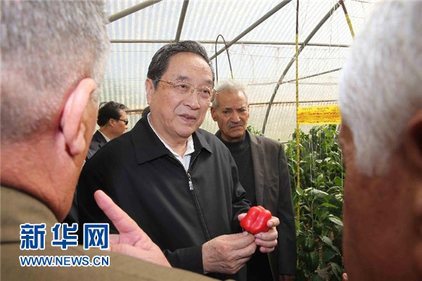 11月8日，正在約旦進(jìn)行正式友好訪問的全國(guó)政協(xié)主席俞正聲在約旦河谷參觀碩果農(nóng)業(yè)合作社。 新華社記者 劉衛(wèi)兵 攝 