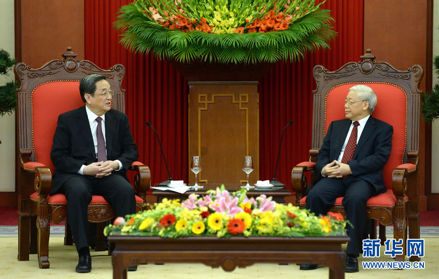 12月25日至27日，中共中央政治局常委、全國政協(xié)主席俞正聲對越南進行正式訪問。這是12月26日，俞正聲在河內(nèi)會見越共中央總書記阮富仲。 新華社記者馬占成攝