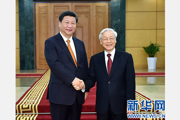 11月5日，中共中央總書記、國家主席習近平在河內同越共中央總書記阮富仲舉行會談。 新華社記者李濤攝