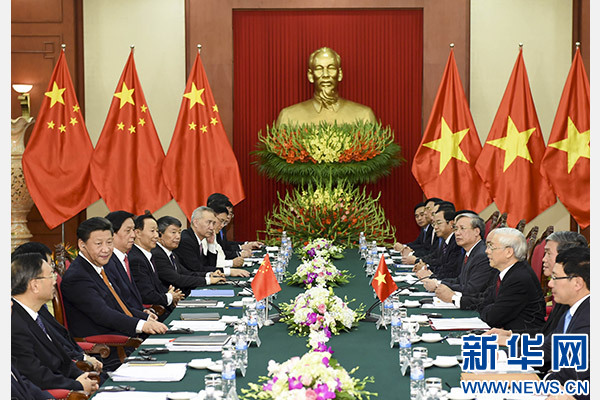 11月5日，中共中央總書記、國家主席習近平在河內同越共中央總書記阮富仲舉行會談。 新華社記者李學仁攝