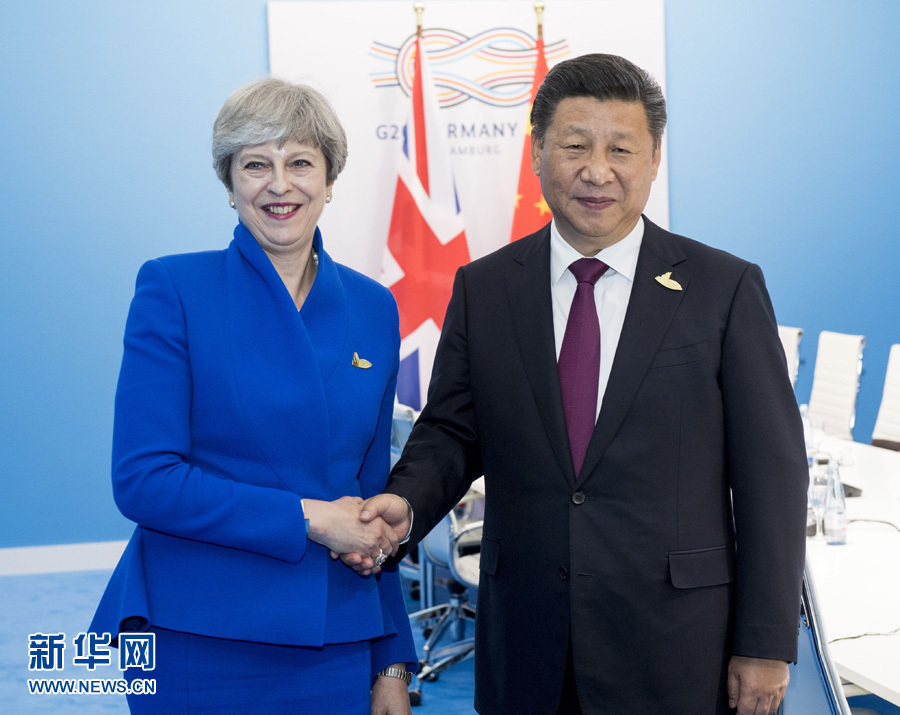7月7日，國家主席習近平在漢堡會見英國首相特雷莎·梅。 新華社記者李學仁 攝